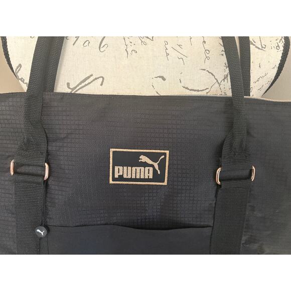 Puma Jane Black Gold Logo Tote Travel Shoulder Lightweight Front Pocket Duffle - Picture 7 of 10